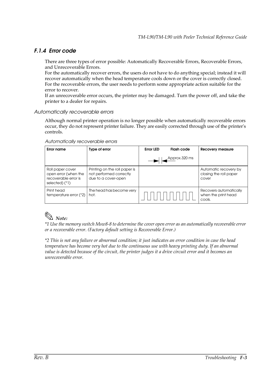 Epson L90 manual Error code, Automatically recoverable errors 