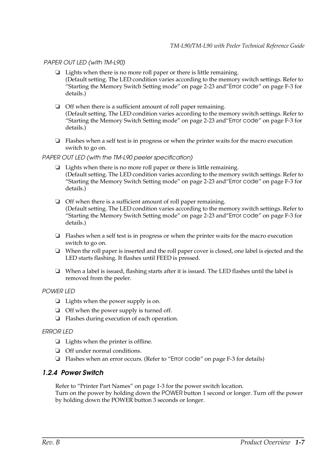 Epson manual Power Switch, Paper OUT LED with TM-L90, Paper OUT LED with the TM-L90 peeler specification 