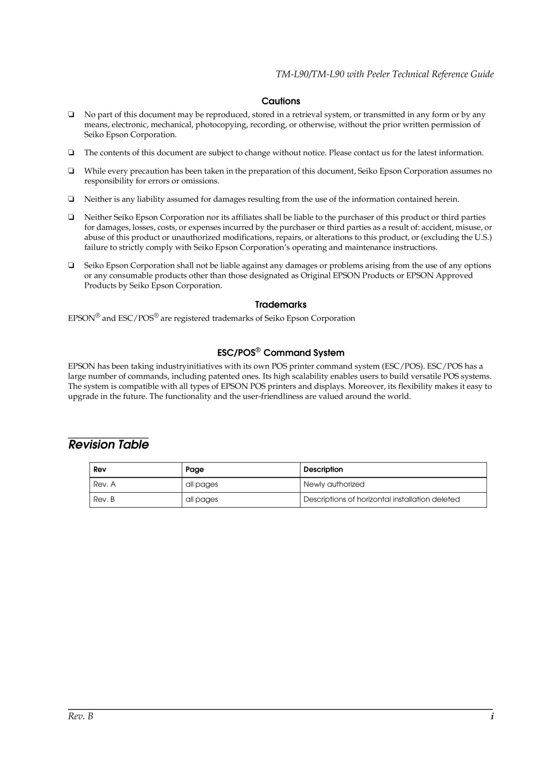 Epson manual Revision Table, TM-L90/TM-L90 with Peeler Technical Reference Guide 