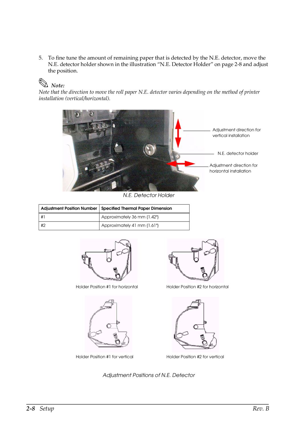 Epson L90 manual 8Setup Rev. B, Detector Holder, Adjustment Positions of N.E. Detector 