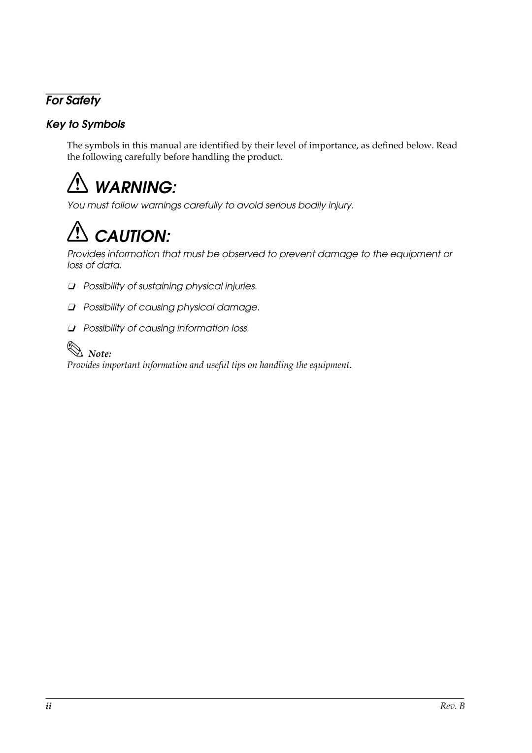 Epson L90 manual For Safety, Key to Symbols 