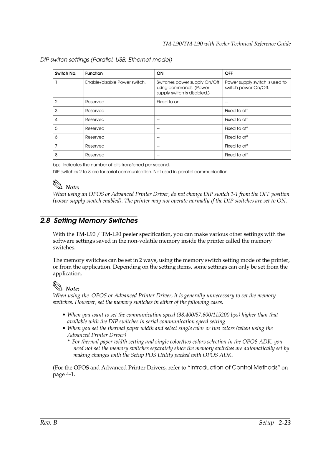 Epson L90 manual Setting Memory Switches, DIP switch settings Parallel, USB, Ethernet model 