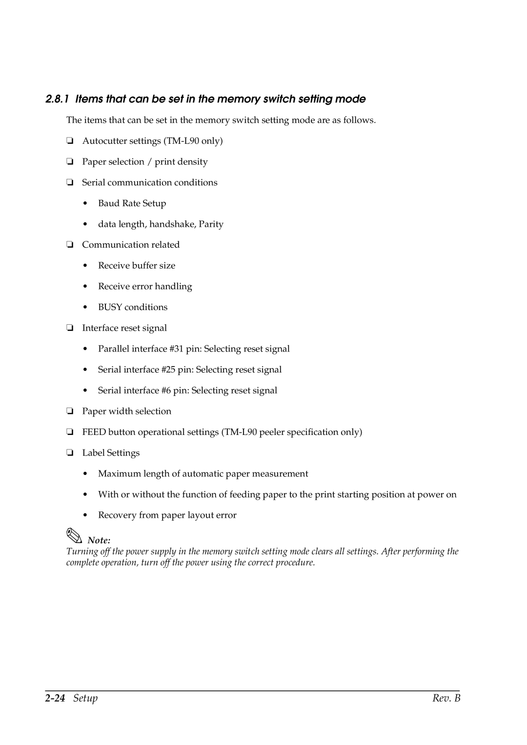 Epson L90 manual Items that can be set in the memory switch setting mode 