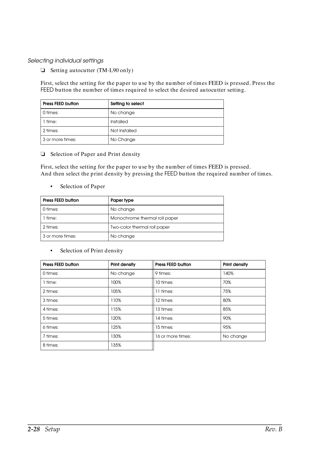 Epson L90 manual Selecting individual settings, Selection of Print density 