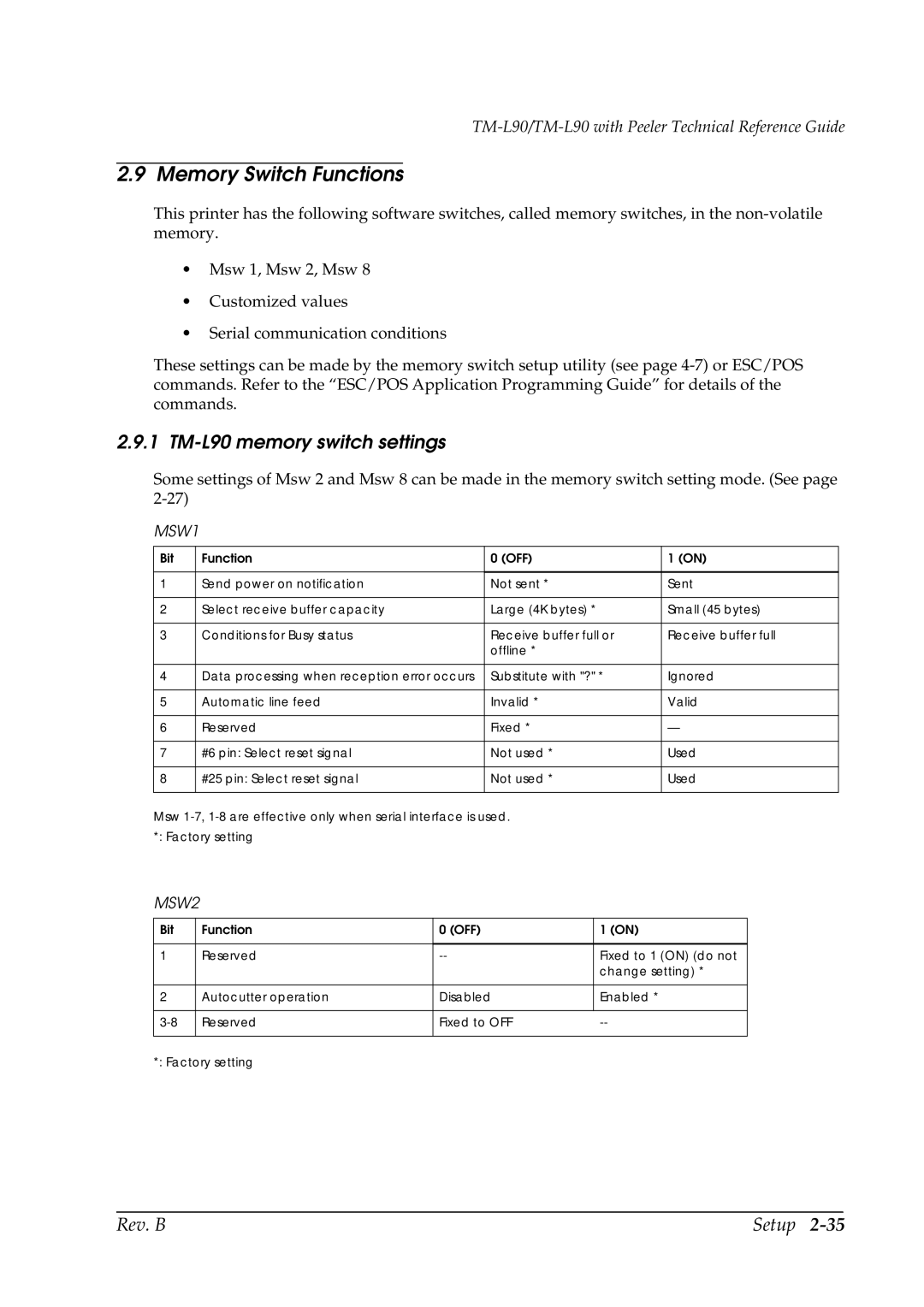 Epson manual Memory Switch Functions, TM-L90 memory switch settings 