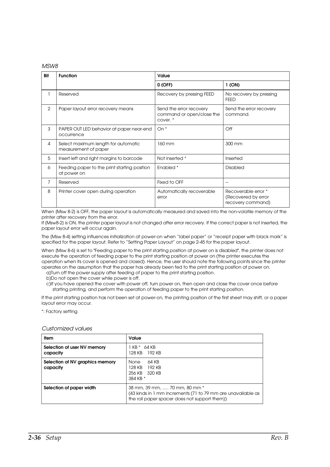 Epson L90 manual MSW8, Customized values 