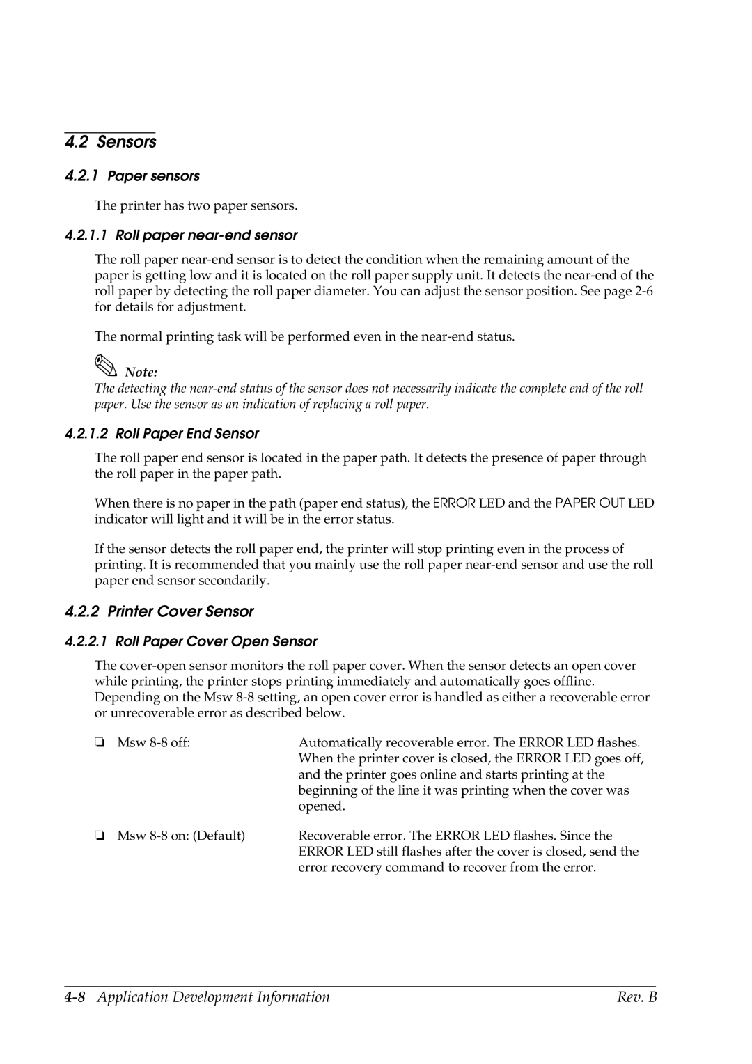 Epson L90 manual Sensors, Printer Cover Sensor, 8Application Development Information Rev. B 