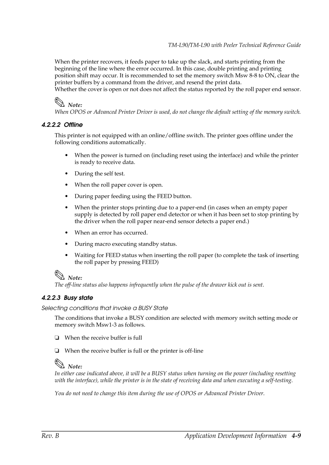 Epson L90 manual Offline, Busy state, Selecting conditions that invoke a Busy State 