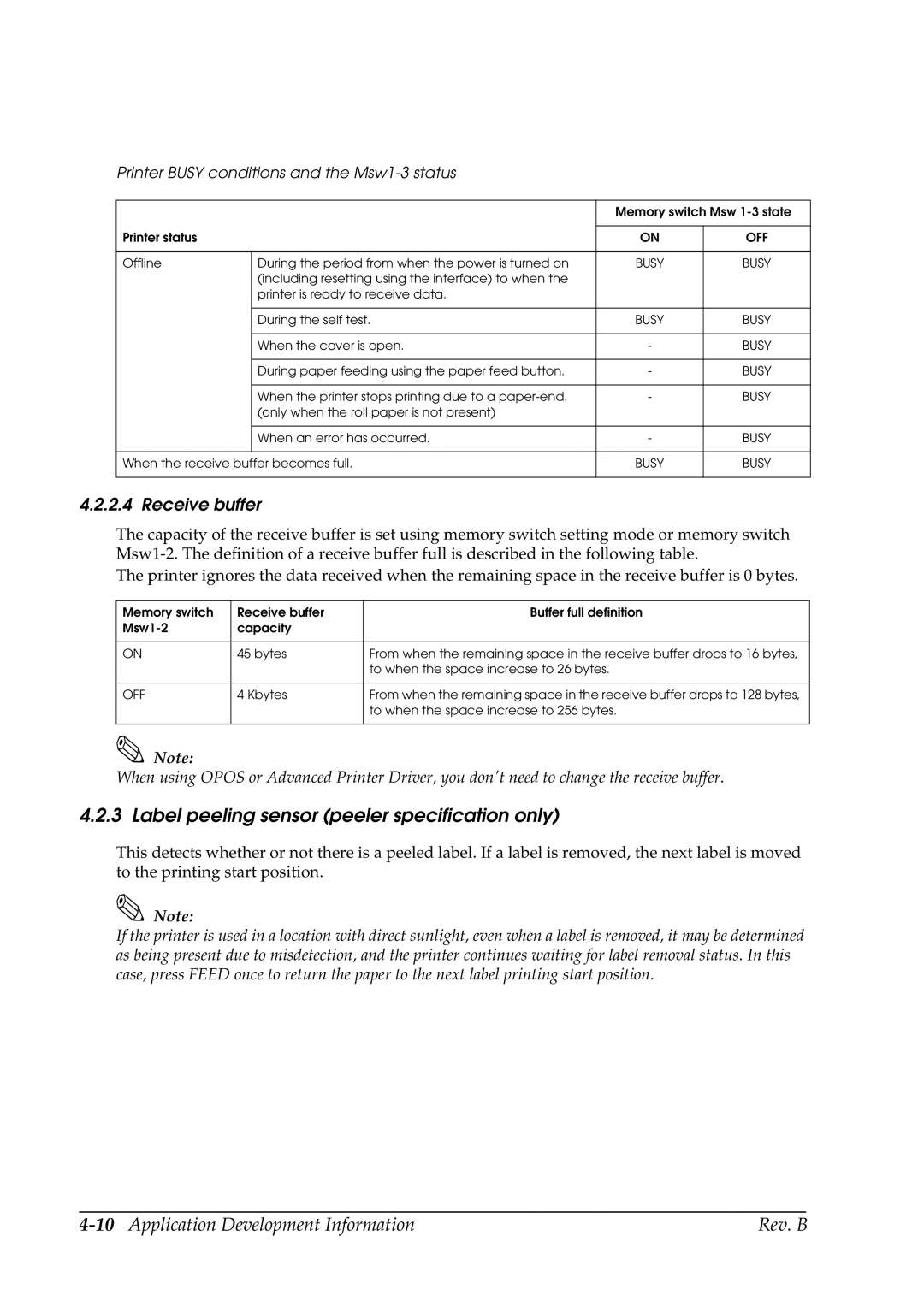 Epson L90 Label peeling sensor peeler specification only, 10Application Development Information Rev. B, Receive buffer 