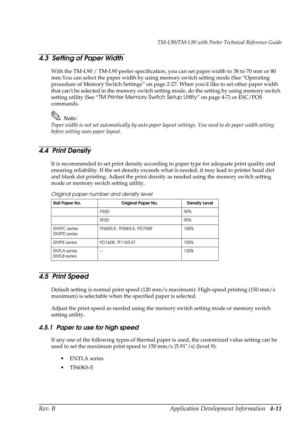 Epson L90 manual Setting of Paper Width, Print Density, Print Speed, Paper to use for high speed 