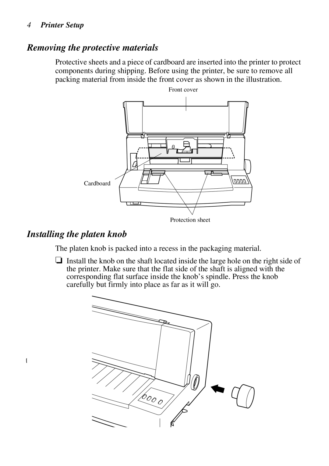 Epson LC-7211 user manual Removing the protective materials, Installing the platen knob 