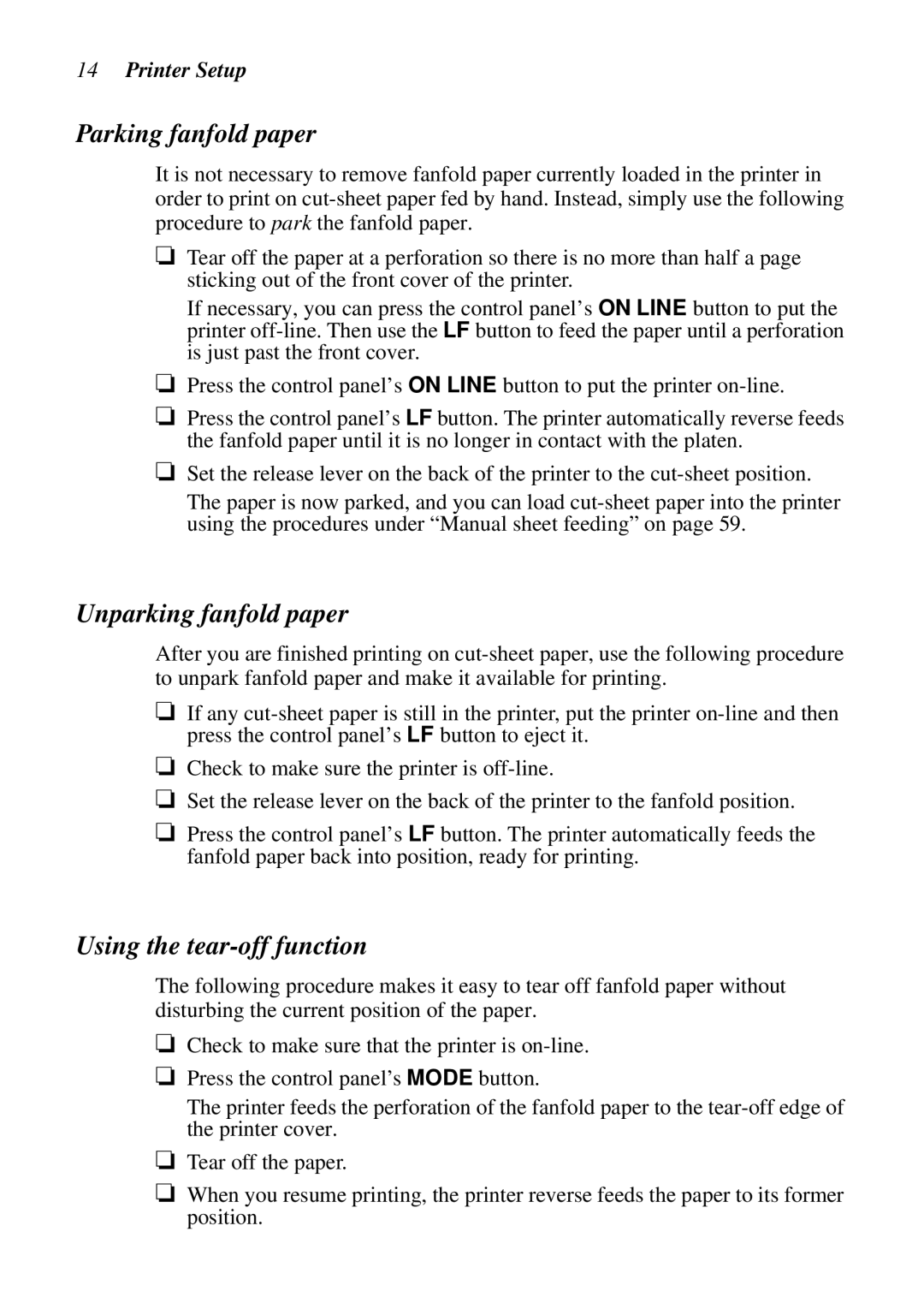 Epson LC-7211 user manual Parking fanfold paper, Unparking fanfold paper, Using the tear-off function 