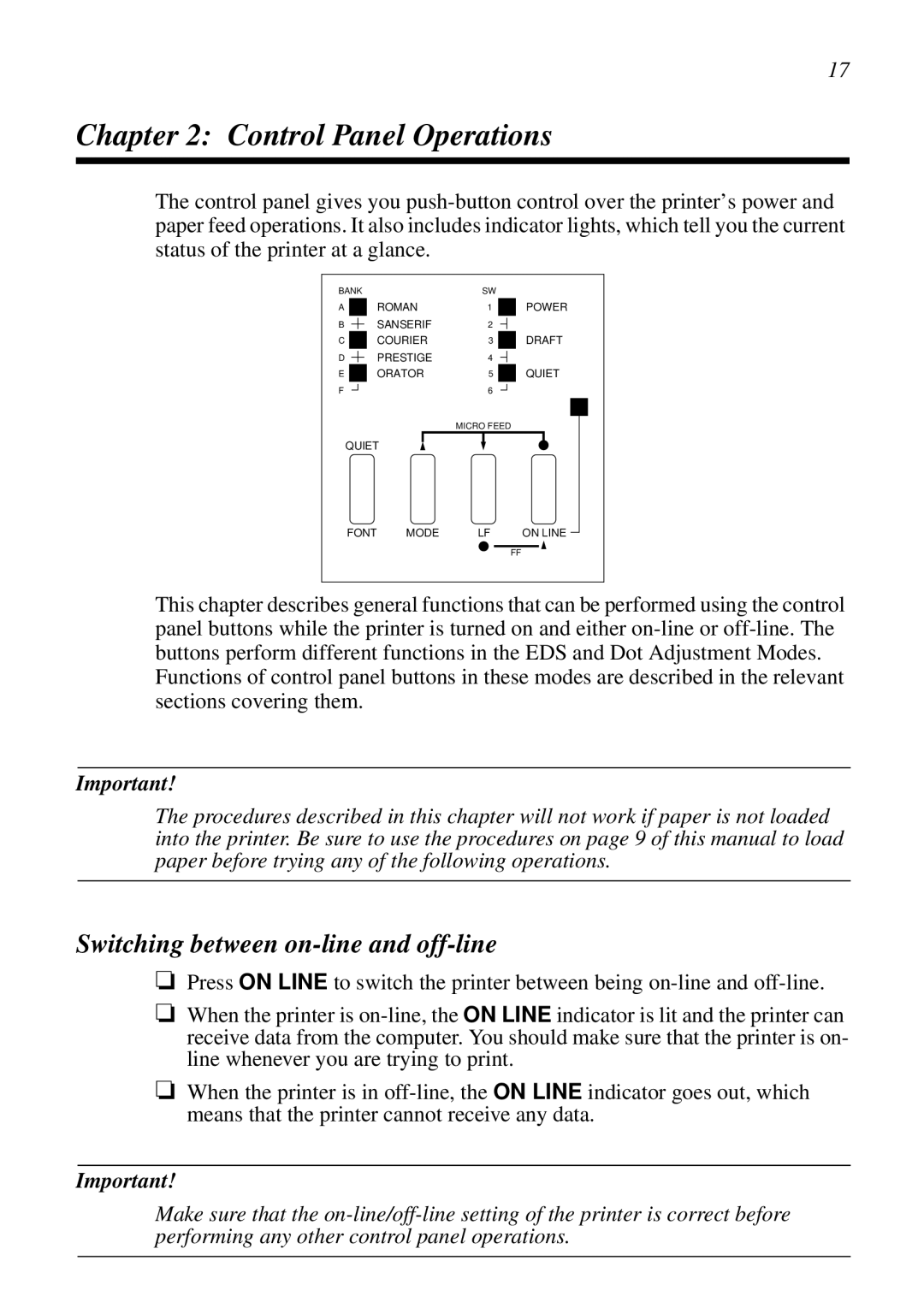 Epson LC-7211 user manual Control Panel Operations, Switching between on-line and off-line 