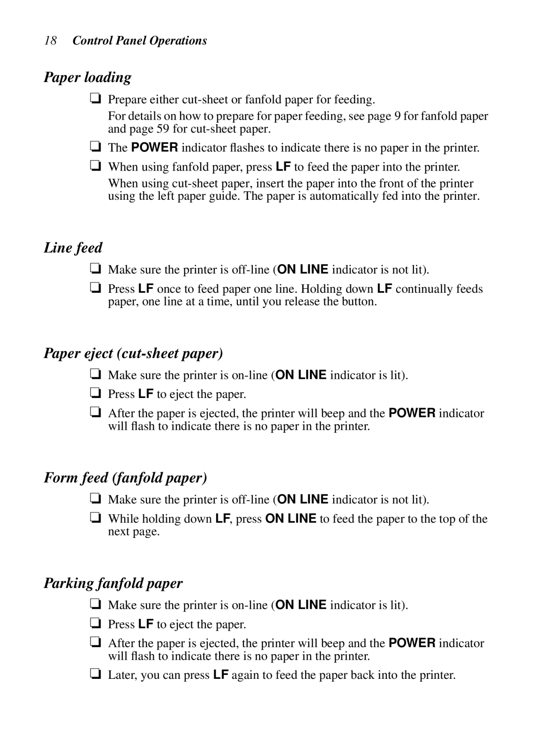 Epson LC-7211 Paper loading, Line feed, Paper eject cut-sheet paper, Form feed fanfold paper, Control Panel Operations 