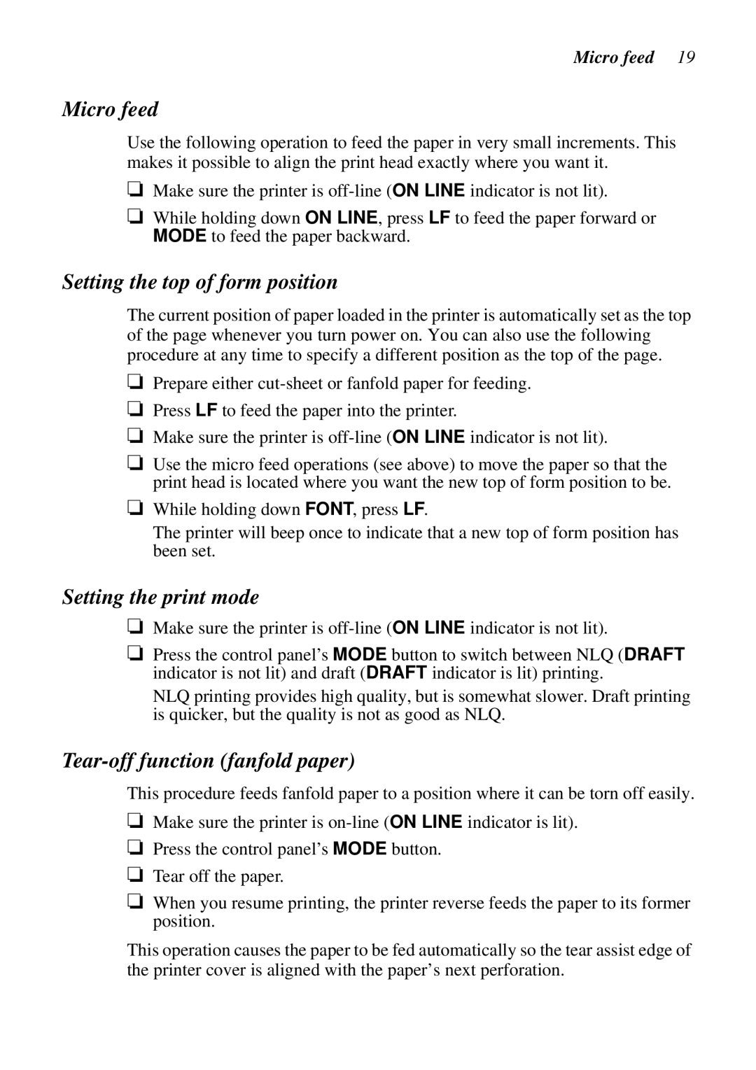 Epson LC-7211 Micro feed, Setting the top of form position, Setting the print mode, Tear-off function fanfold paper 