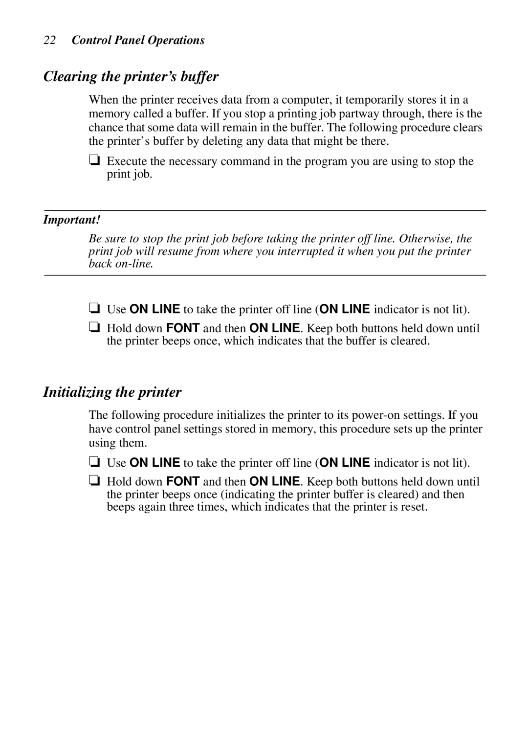 Epson LC-7211 user manual Clearing the printer’s buffer, Initializing the printer 