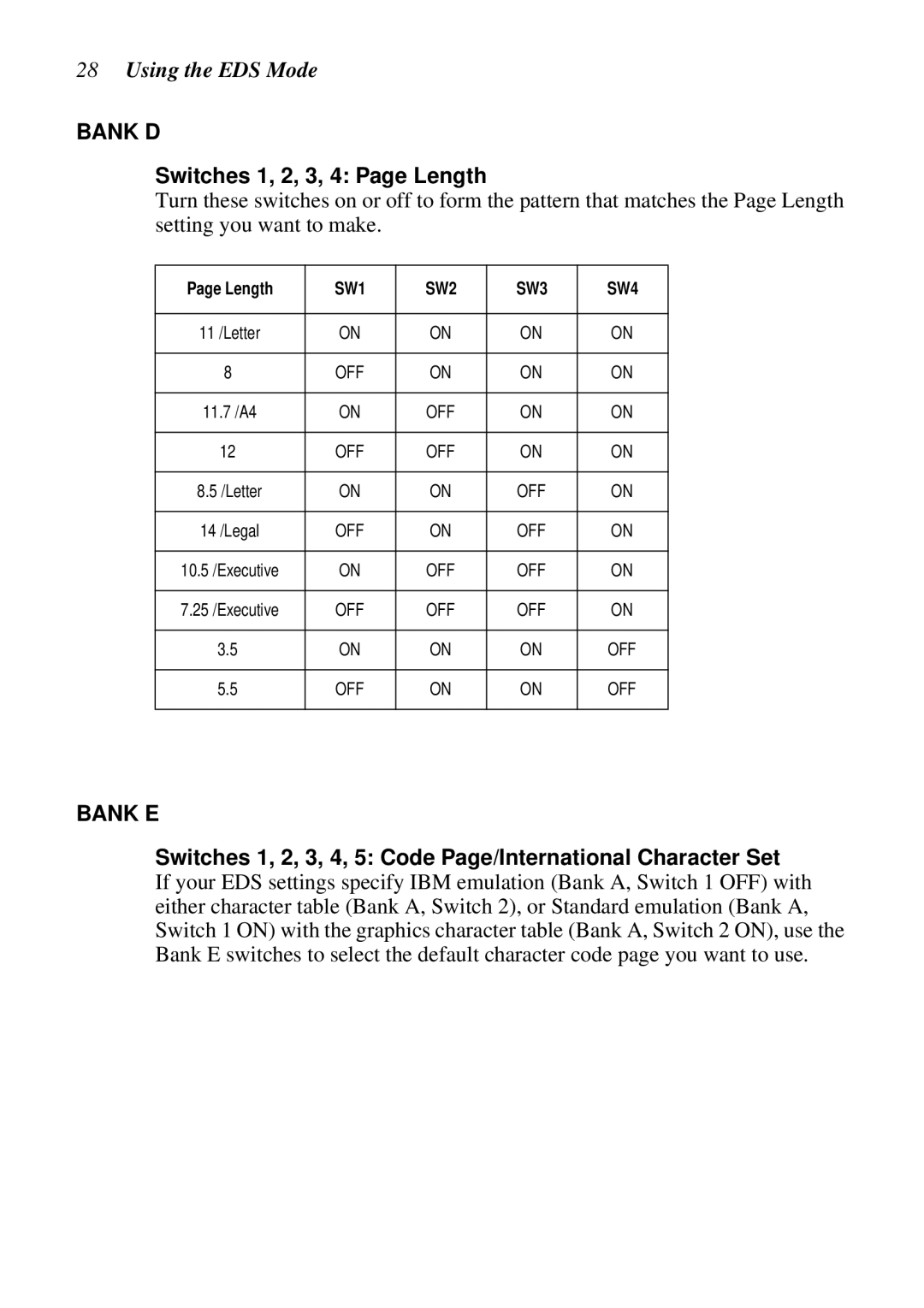 Epson LC-7211 user manual Switches 1, 2, 3, 4 Page Length, Switches 1, 2, 3, 4, 5 Code Page/International Character Set 