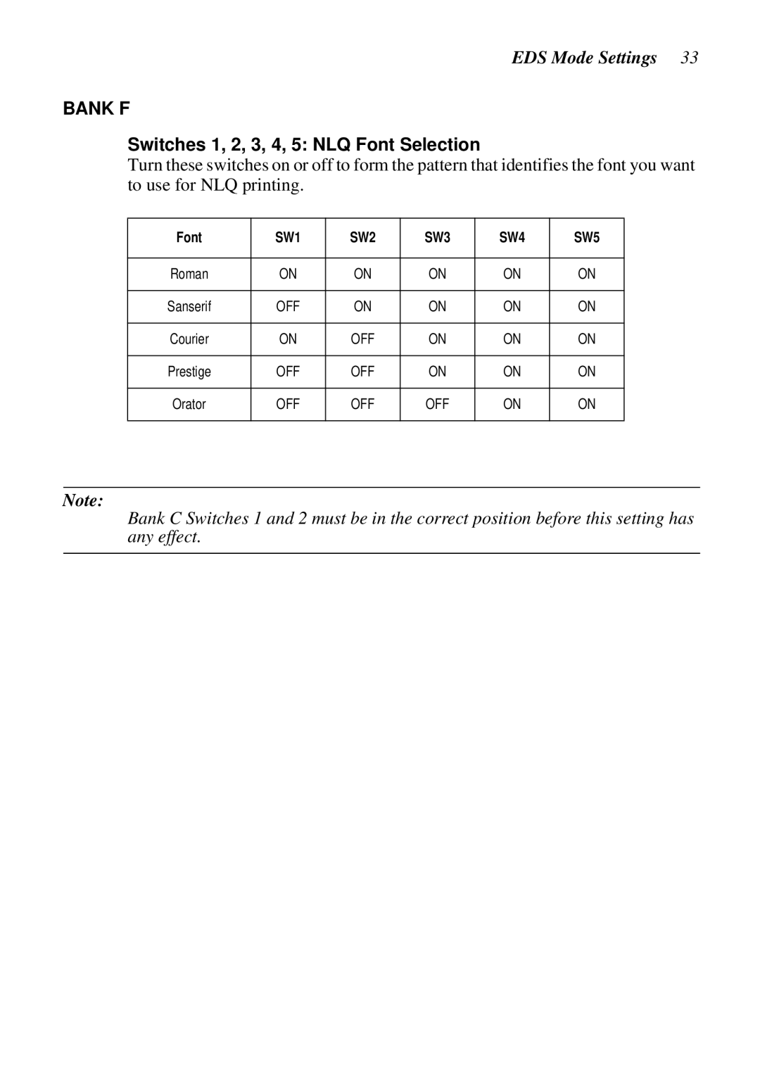 Epson LC-7211 user manual Bank F, Switches 1, 2, 3, 4, 5 NLQ Font Selection 