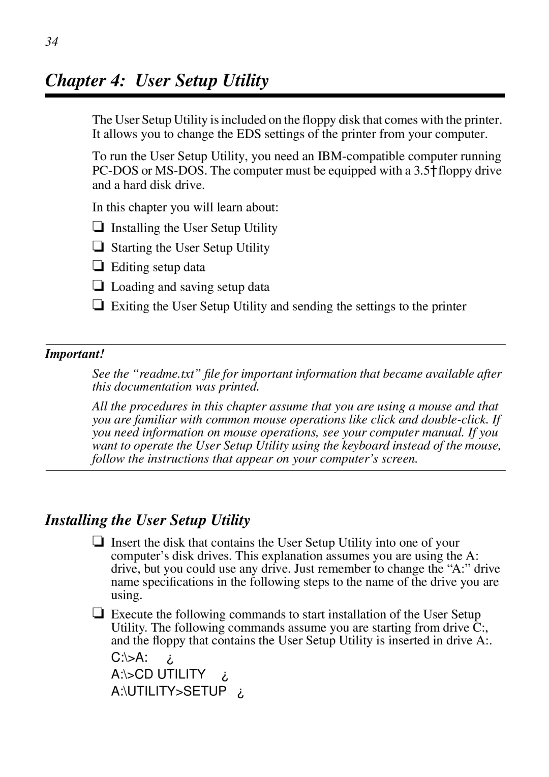 Epson LC-7211 user manual Installing the User Setup Utility 