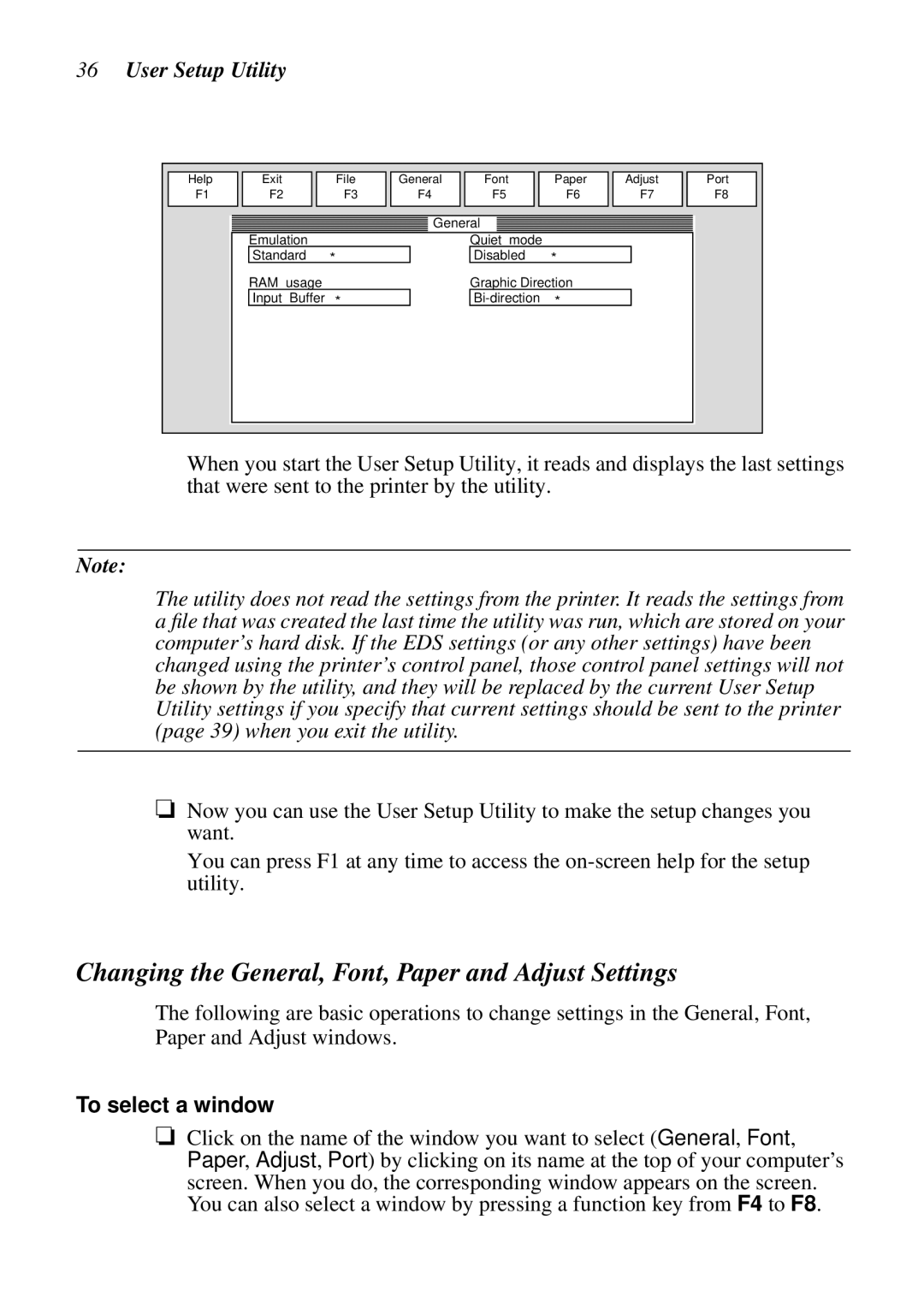 Epson LC-7211 user manual Changing the General, Font, Paper and Adjust Settings, User Setup Utility, To select a window 