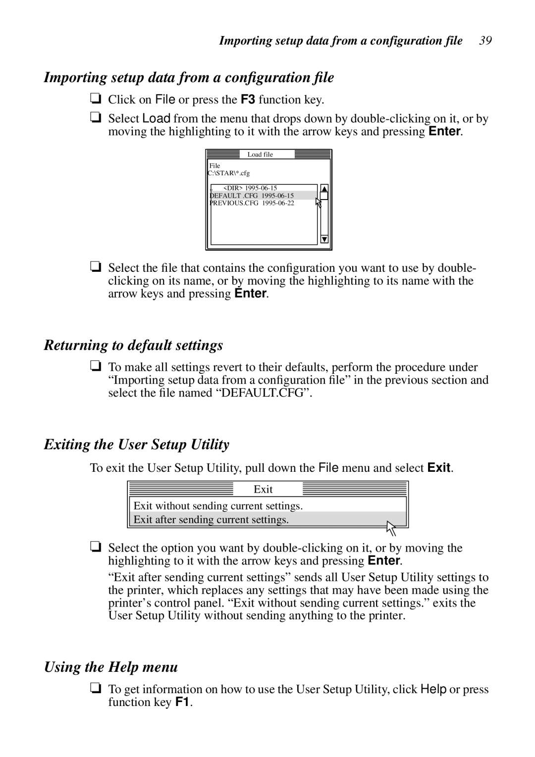 Epson LC-7211 Importing setup data from a conﬁguration ﬁle, Returning to default settings, Exiting the User Setup Utility 