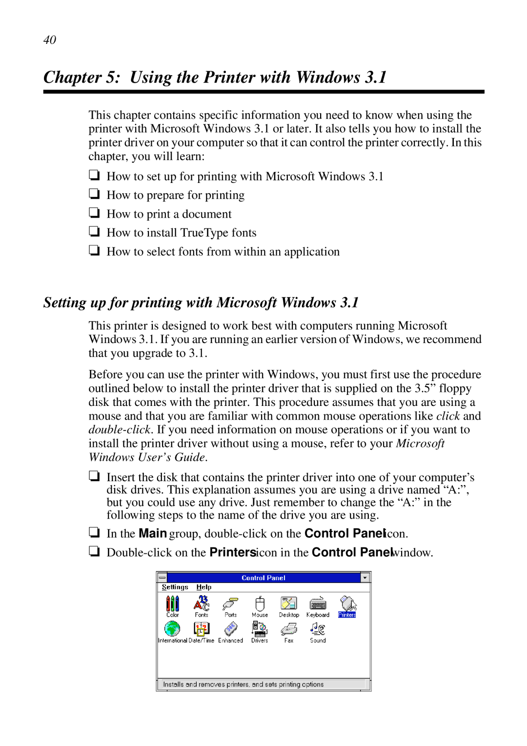 Epson LC-7211 user manual Using the Printer with Windows, Setting up for printing with Microsoft Windows 