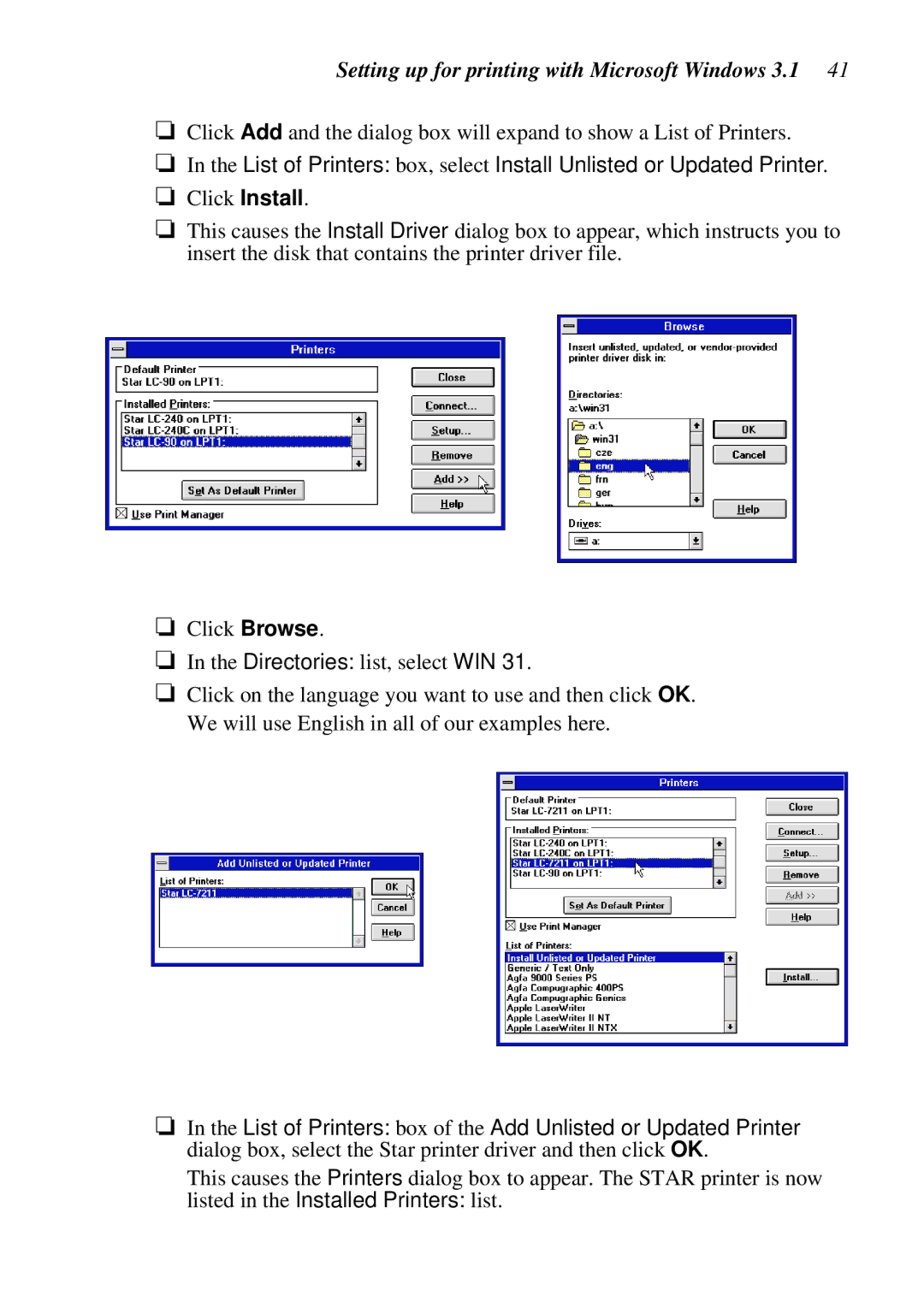 Epson LC-7211 user manual Setting up for printing with Microsoft Windows 3.1 