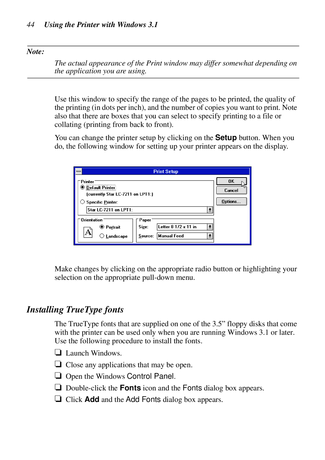 Epson LC-7211 user manual Installing TrueType fonts 