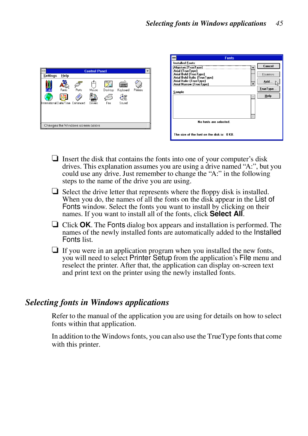 Epson LC-7211 user manual Selecting fonts in Windows applications 