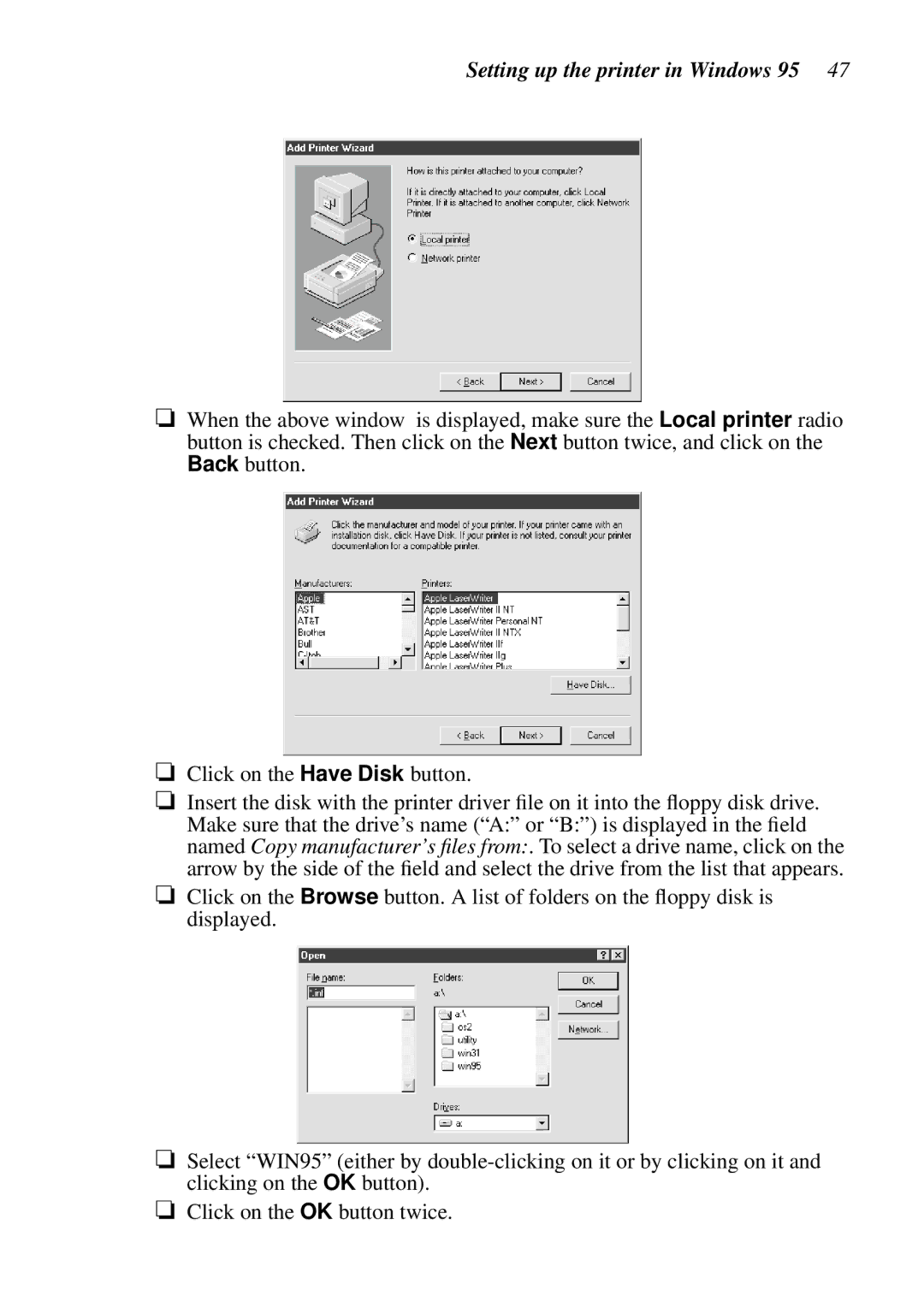 Epson LC-7211 user manual Setting up the printer in Windows 95 