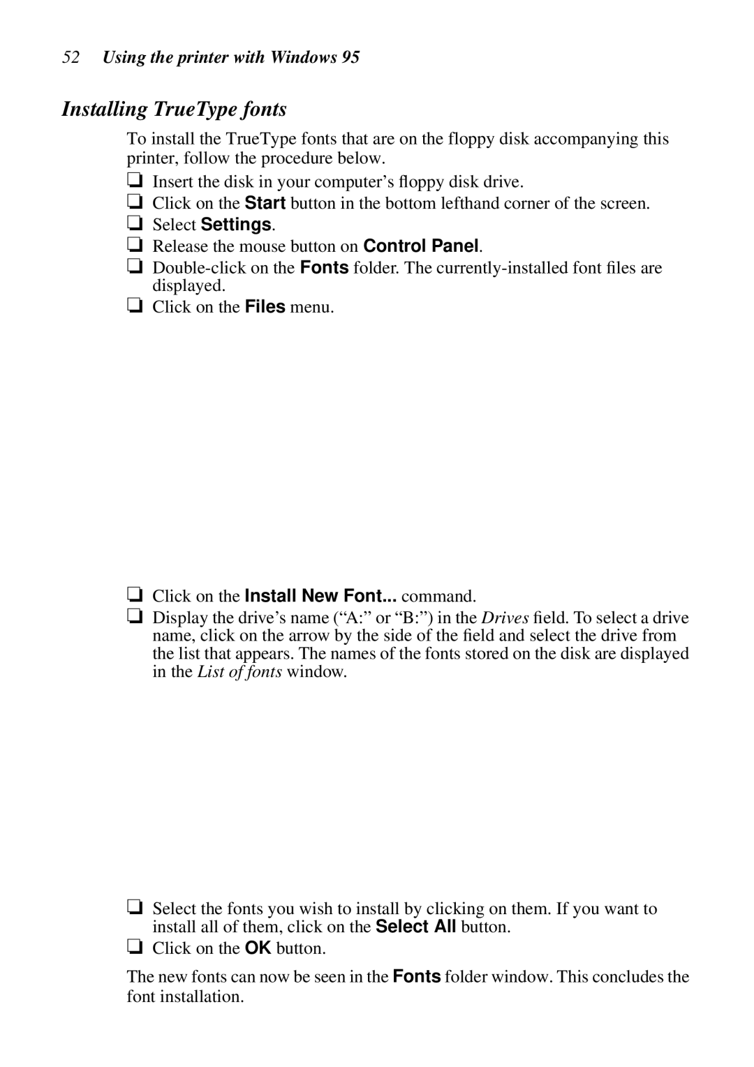 Epson LC-7211 user manual Installing TrueType fonts 