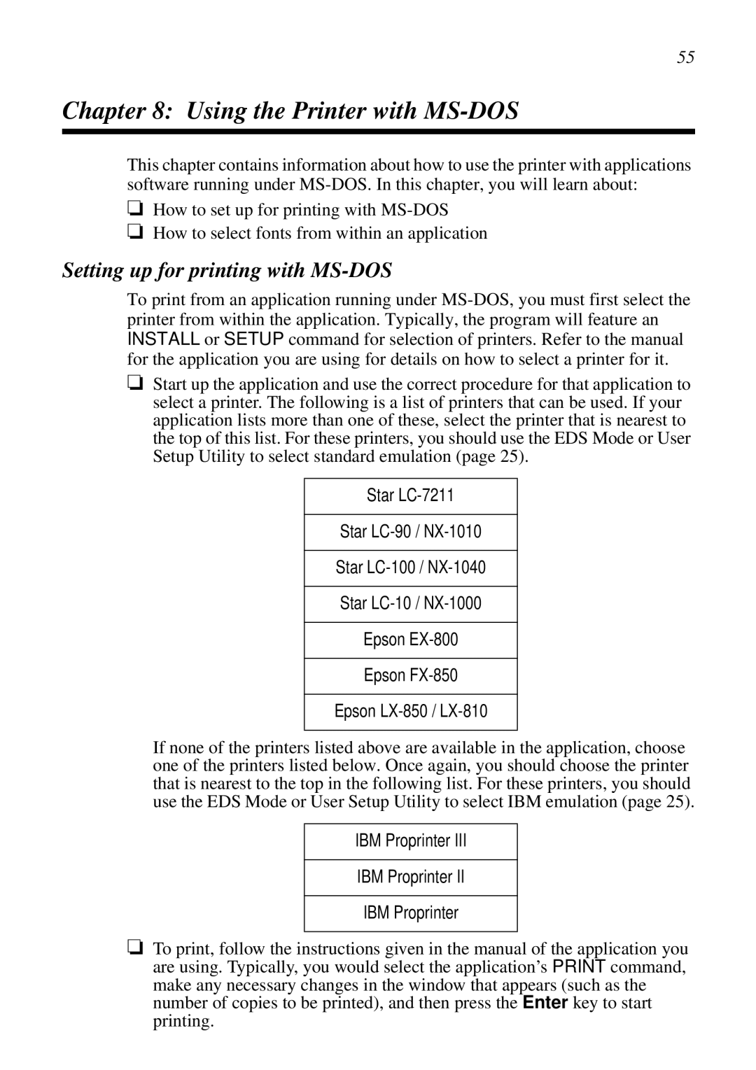 Epson LC-7211 user manual Using the Printer with MS-DOS, Setting up for printing with MS-DOS 