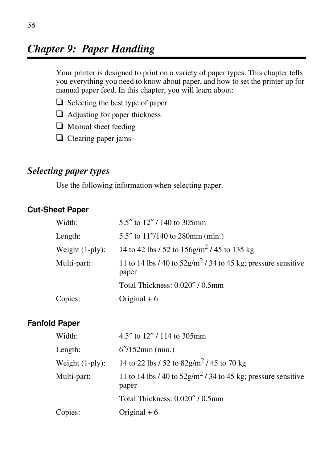 Epson LC-7211 user manual Paper Handling, Selecting paper types, Cut-Sheet Paper, Fanfold Paper 