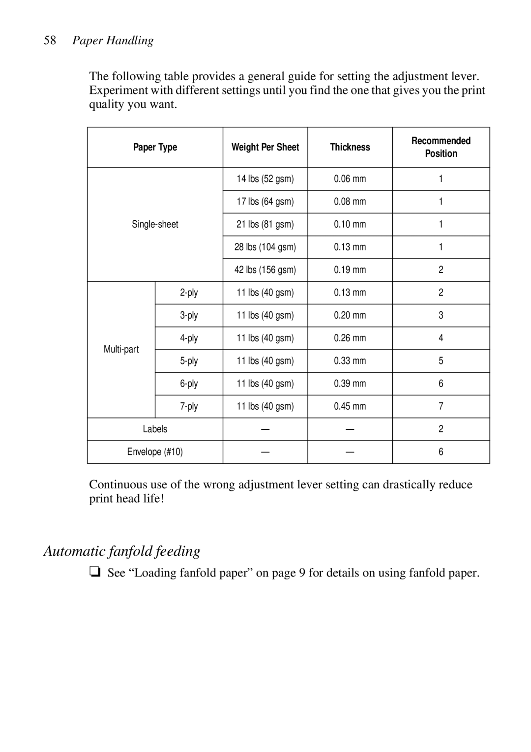 Epson LC-7211 user manual Automatic fanfold feeding, Paper Handling 