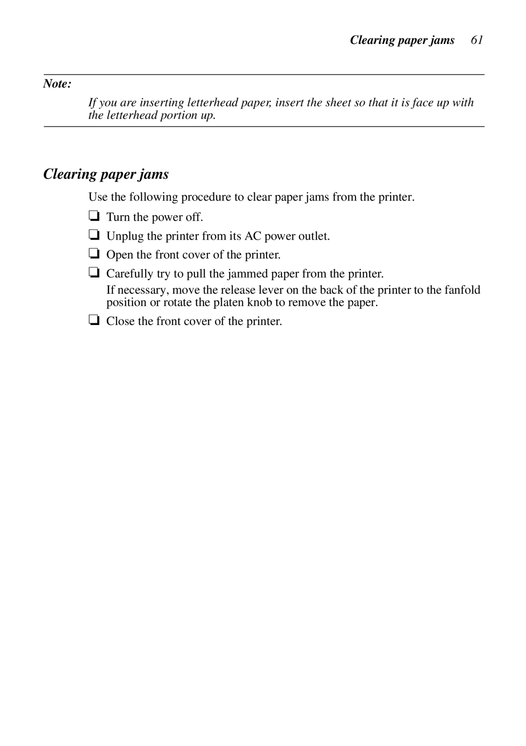 Epson LC-7211 user manual Clearing paper jams 