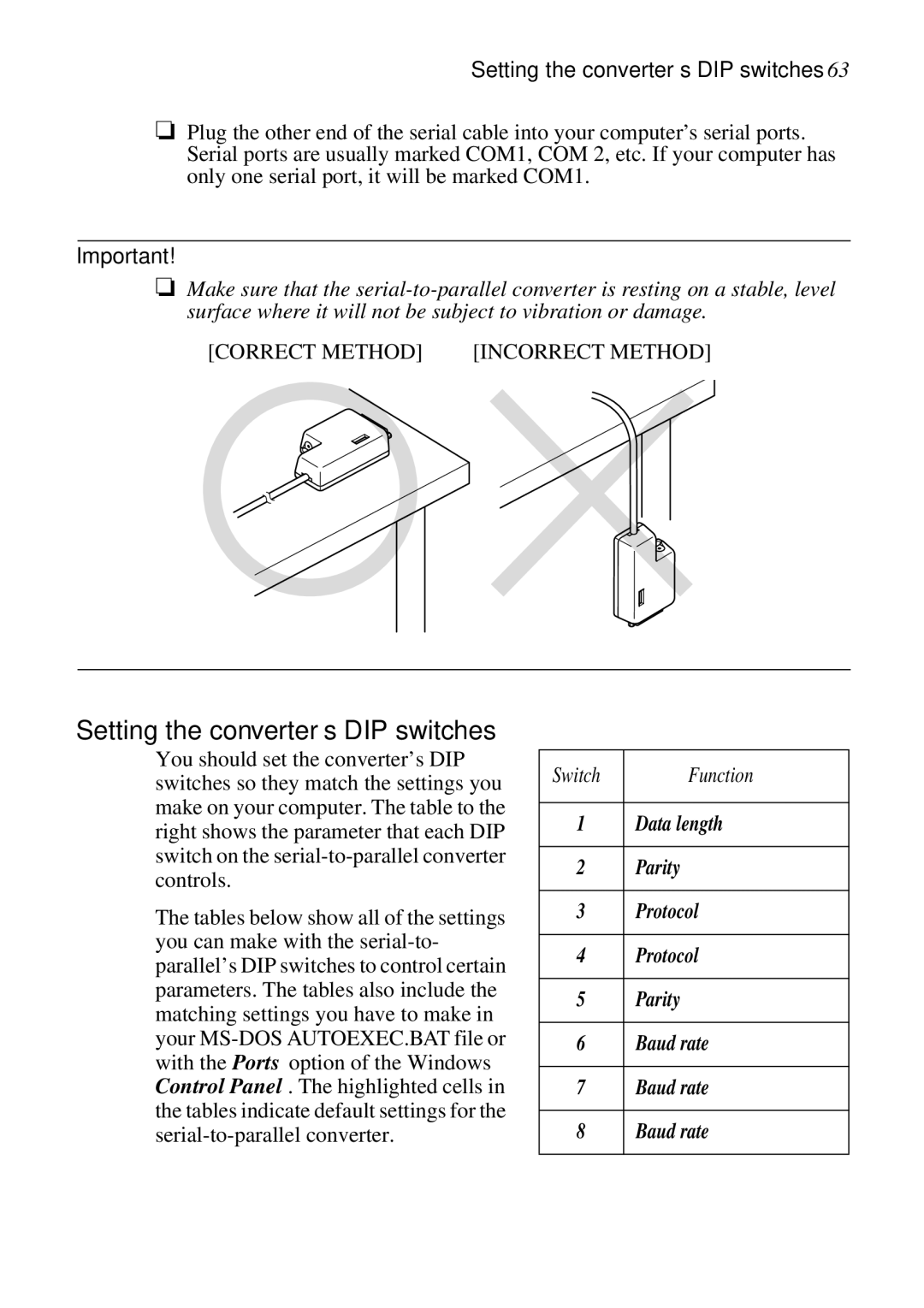 Epson LC-7211 user manual Setting the converter’s DIP switches, Function 