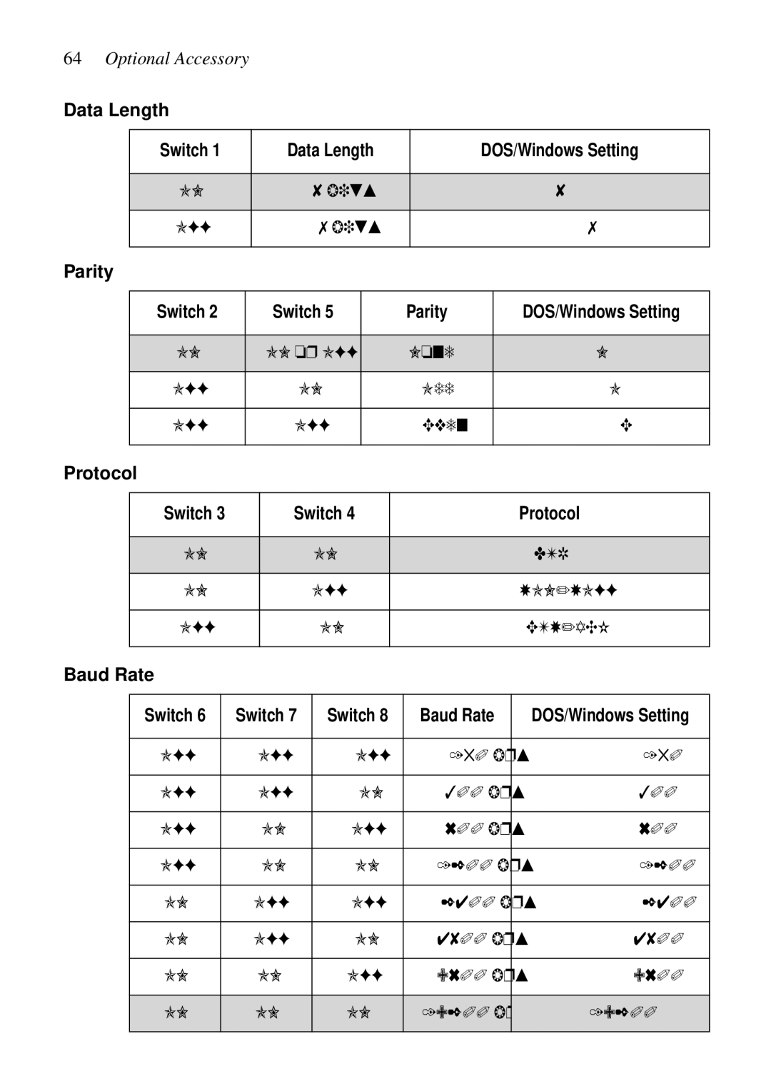 Epson LC-7211 user manual Data Length Switch, DOS/Windows Setting, Parity, Protocol, Baud Rate 