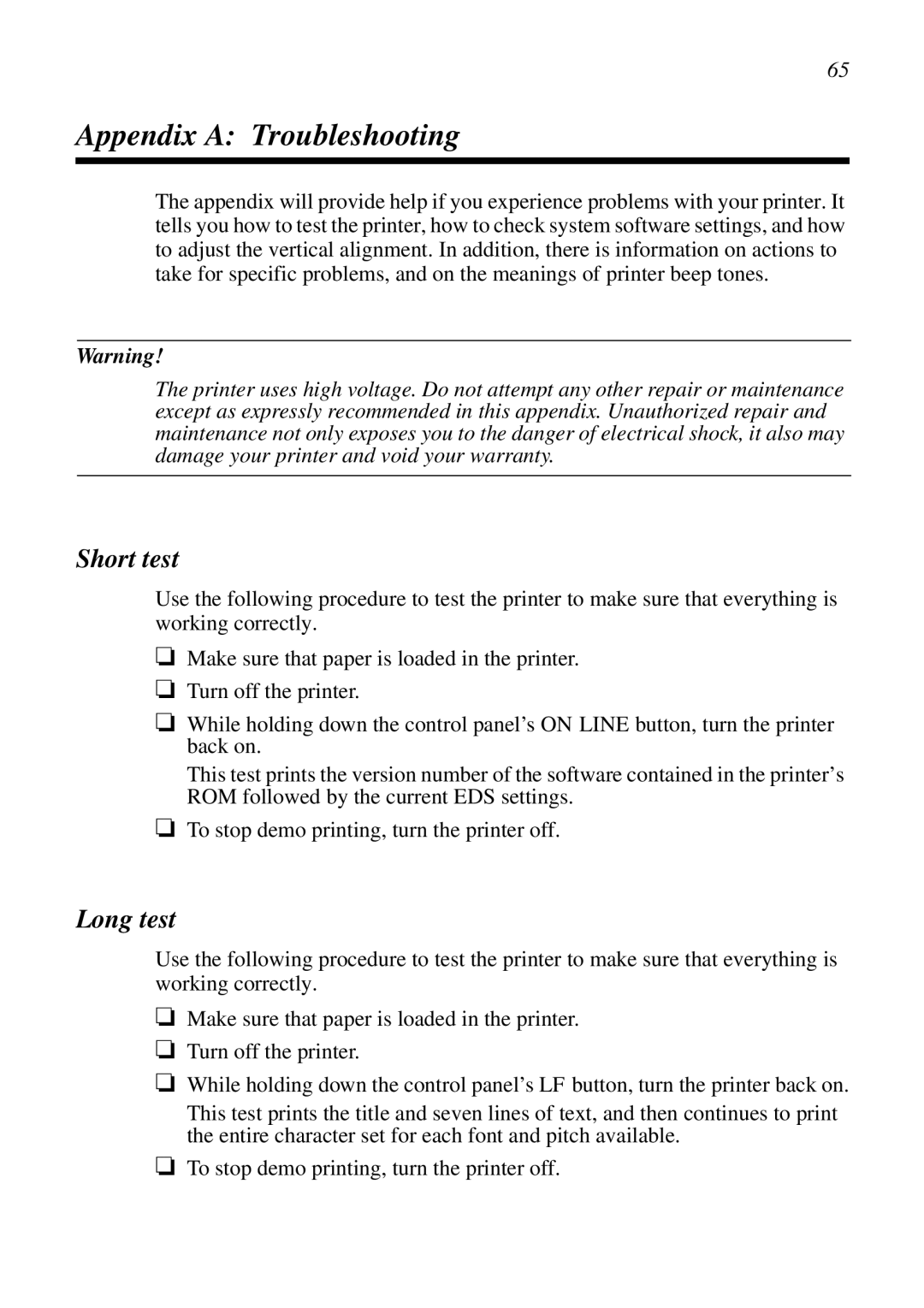 Epson LC-7211 user manual Appendix a Troubleshooting, Short test, Long test 