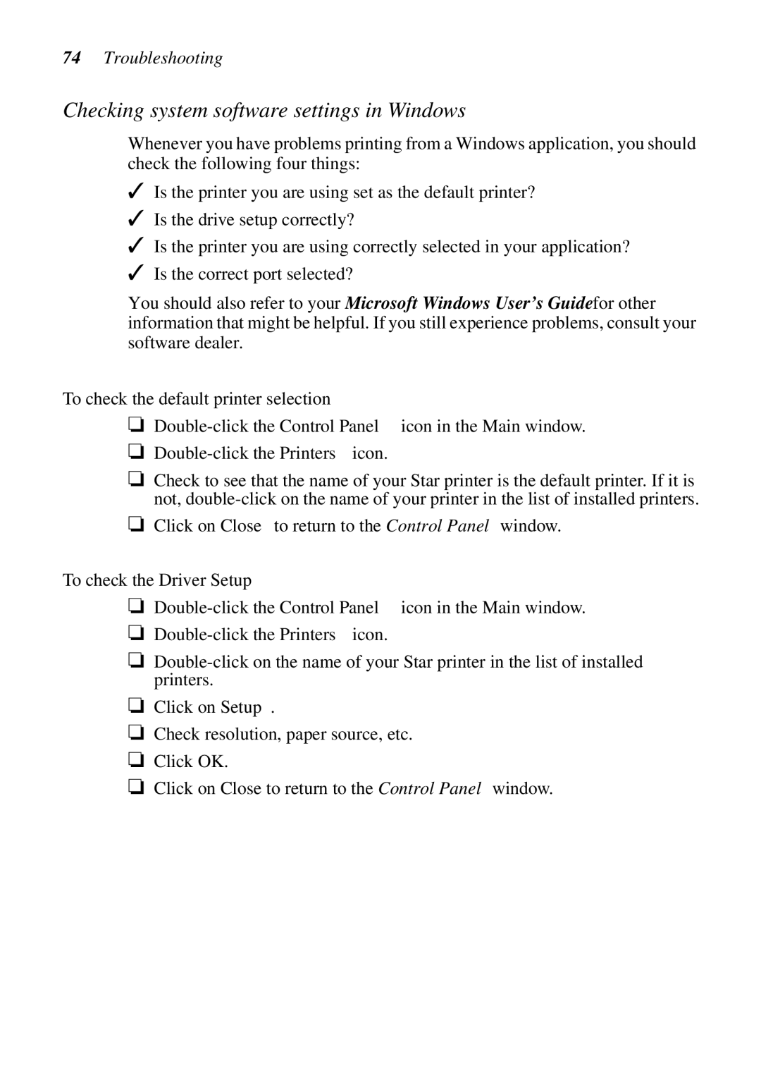 Epson LC-7211 user manual Checking system software settings in Windows, To check the default printer selection 