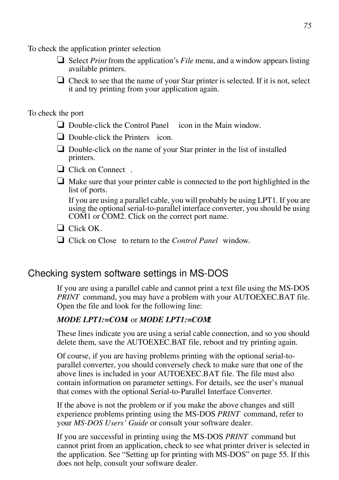 Epson LC-7211 Checking system software settings in MS-DOS, To check the application printer selection, To check the port 