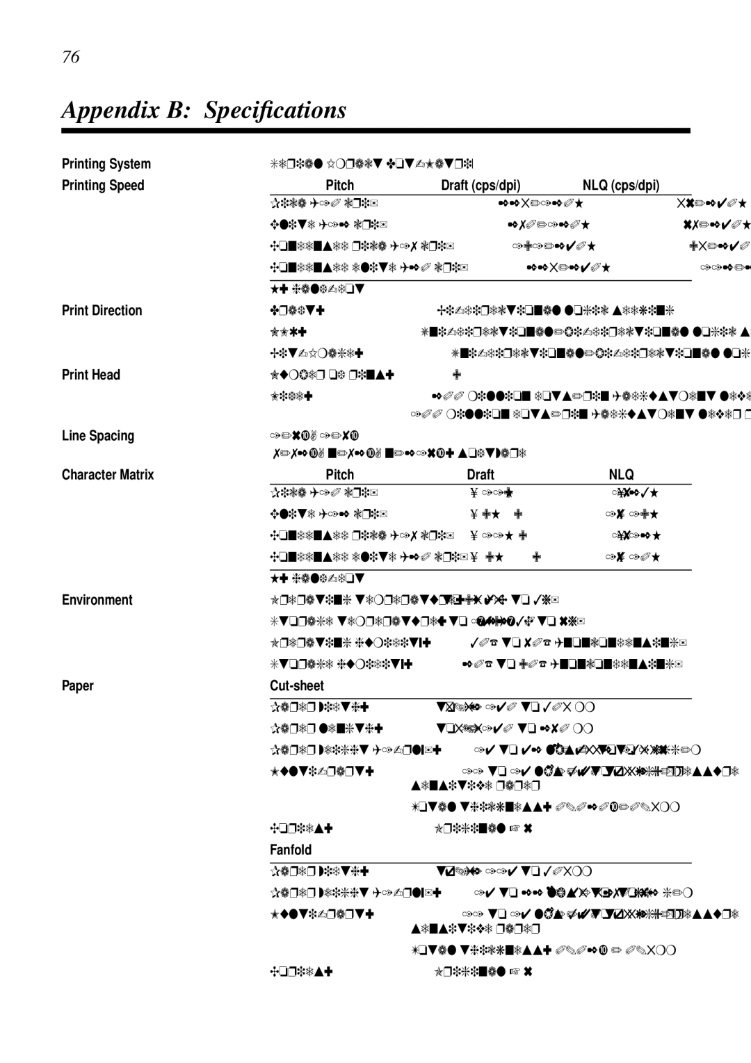 Epson LC-7211 user manual Appendix B Speciﬁcations, Printing Speed Pitch Draft cps/dpi NLQ cps/dpi 