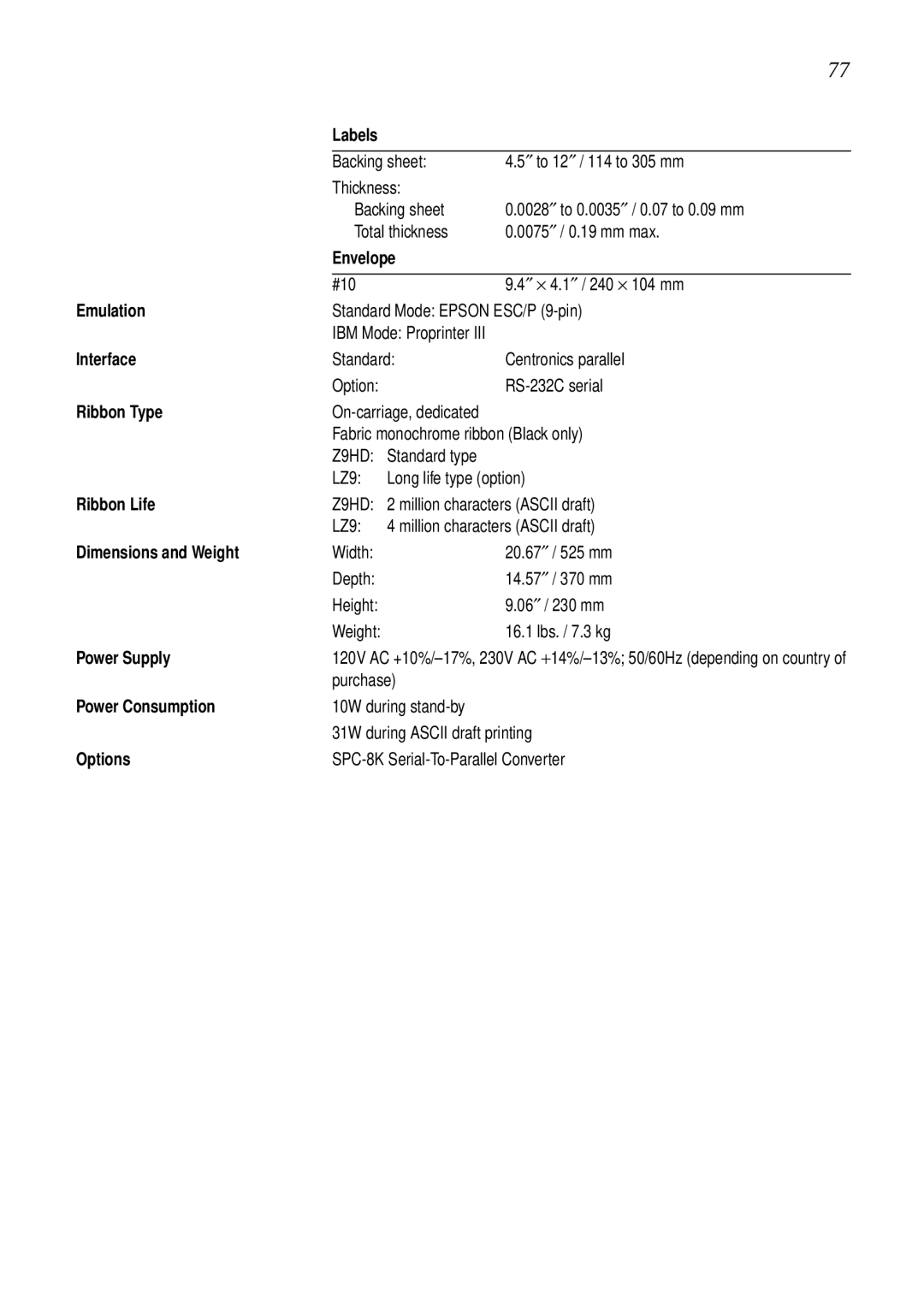 Epson LC-7211 user manual Envelope 