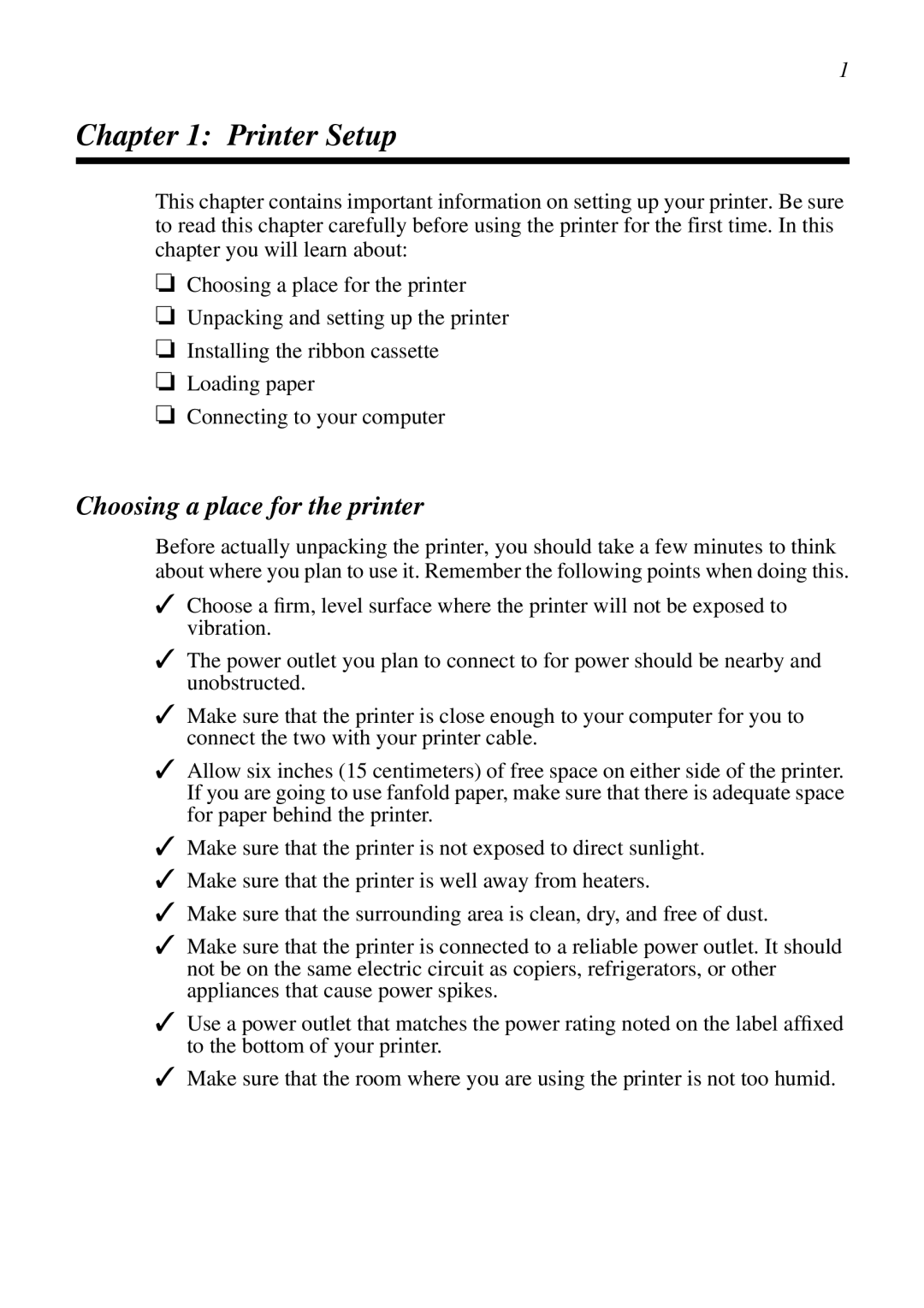 Epson LC-7211 user manual Printer Setup, Choosing a place for the printer 