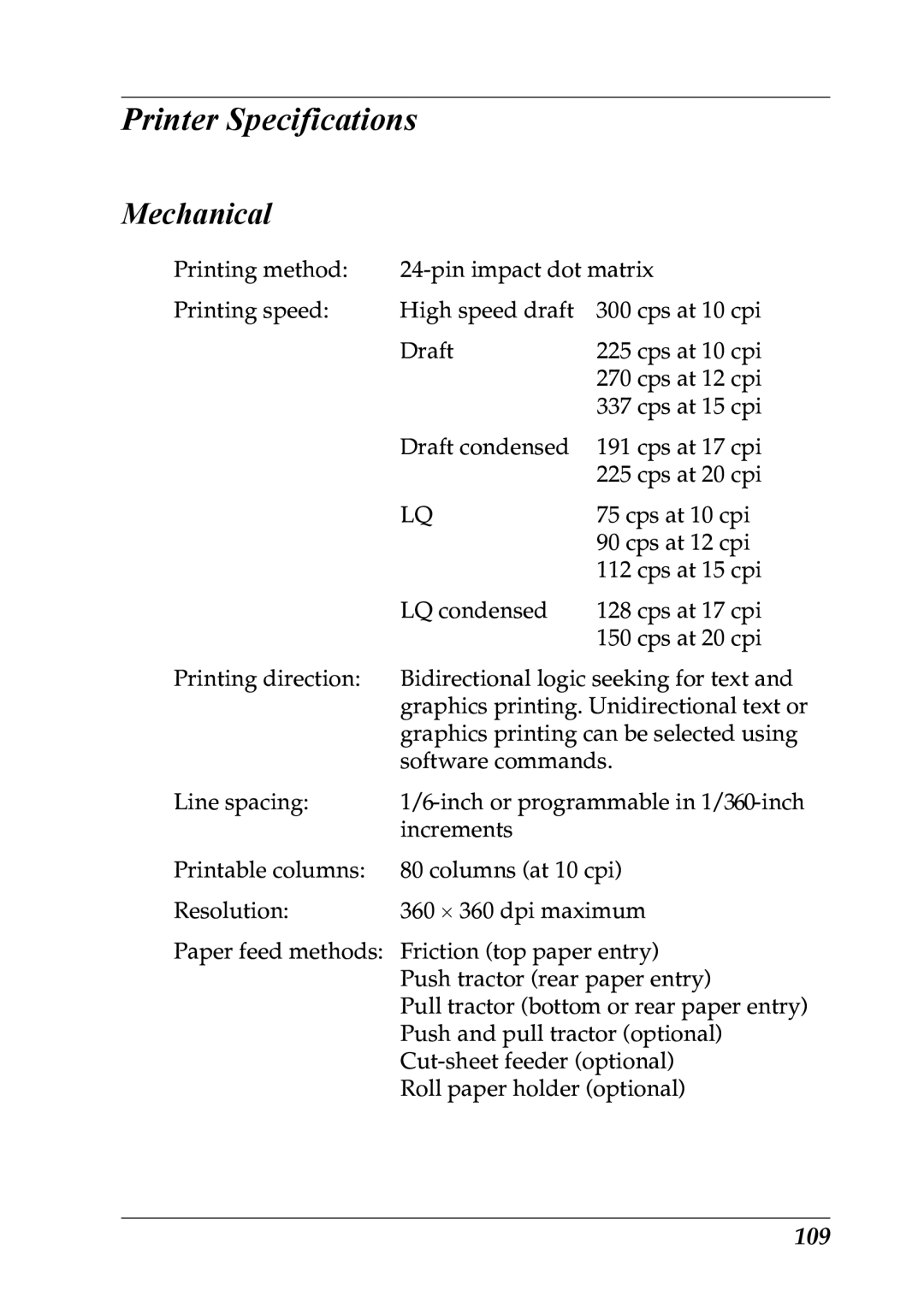 Epson LQ-300+ manual Printer Specifications, Mechanical, 109 