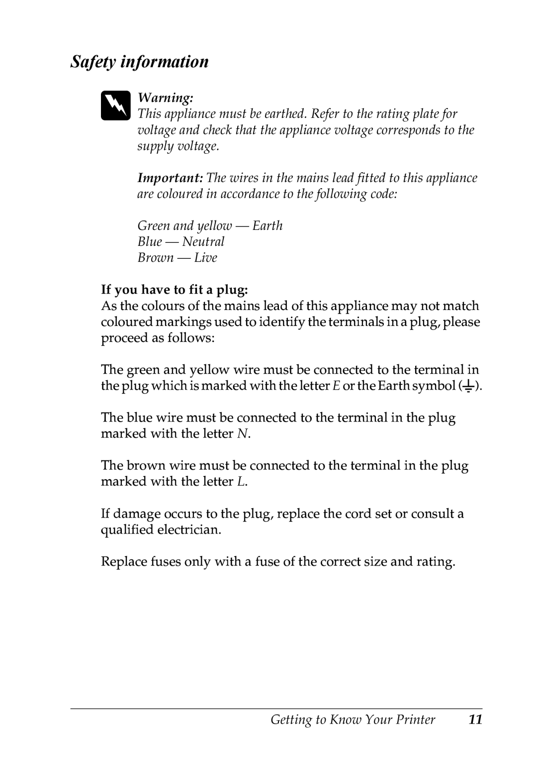 Epson LQ-300+ manual Safety information, If you have to fit a plug 