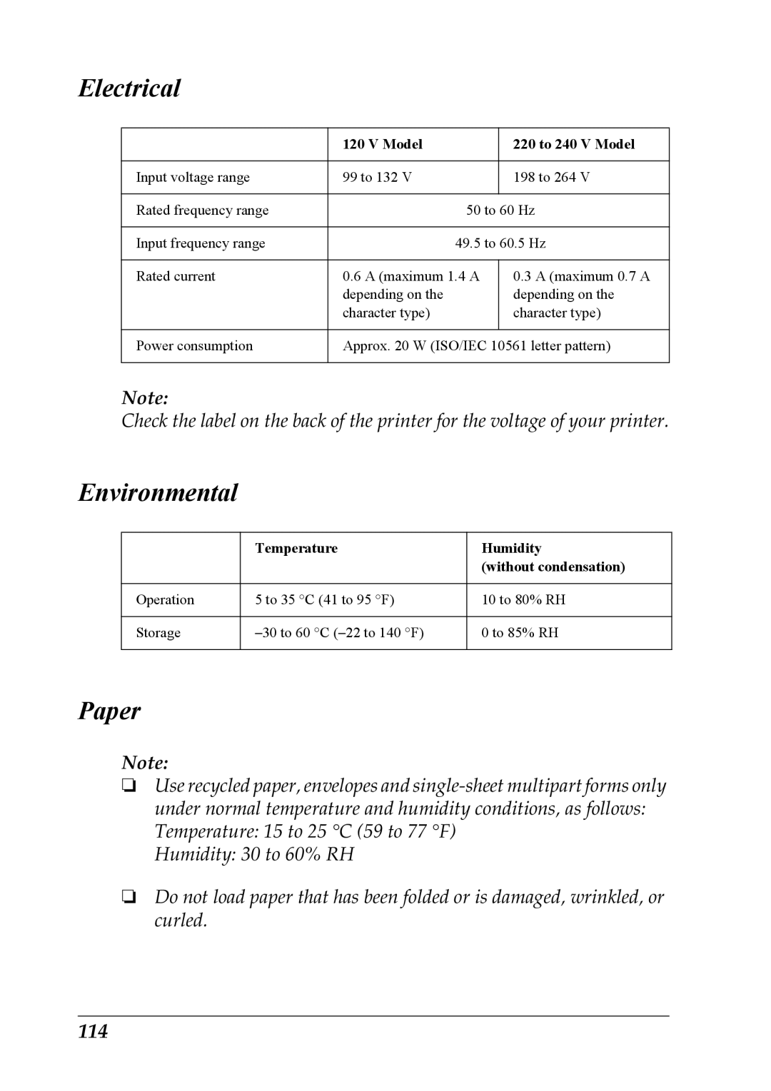 Epson LQ-300+ manual Electrical, Environmental, Paper, 114 