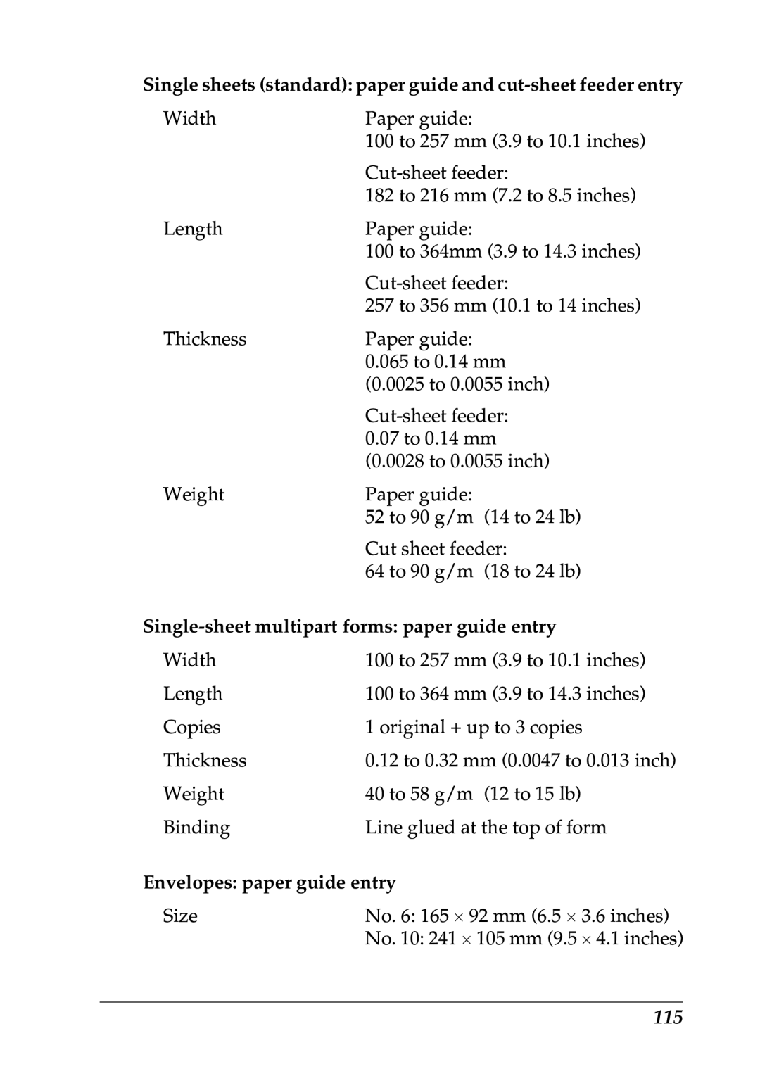 Epson LQ-300+ manual 115, Single-sheet multipart forms paper guide entry 