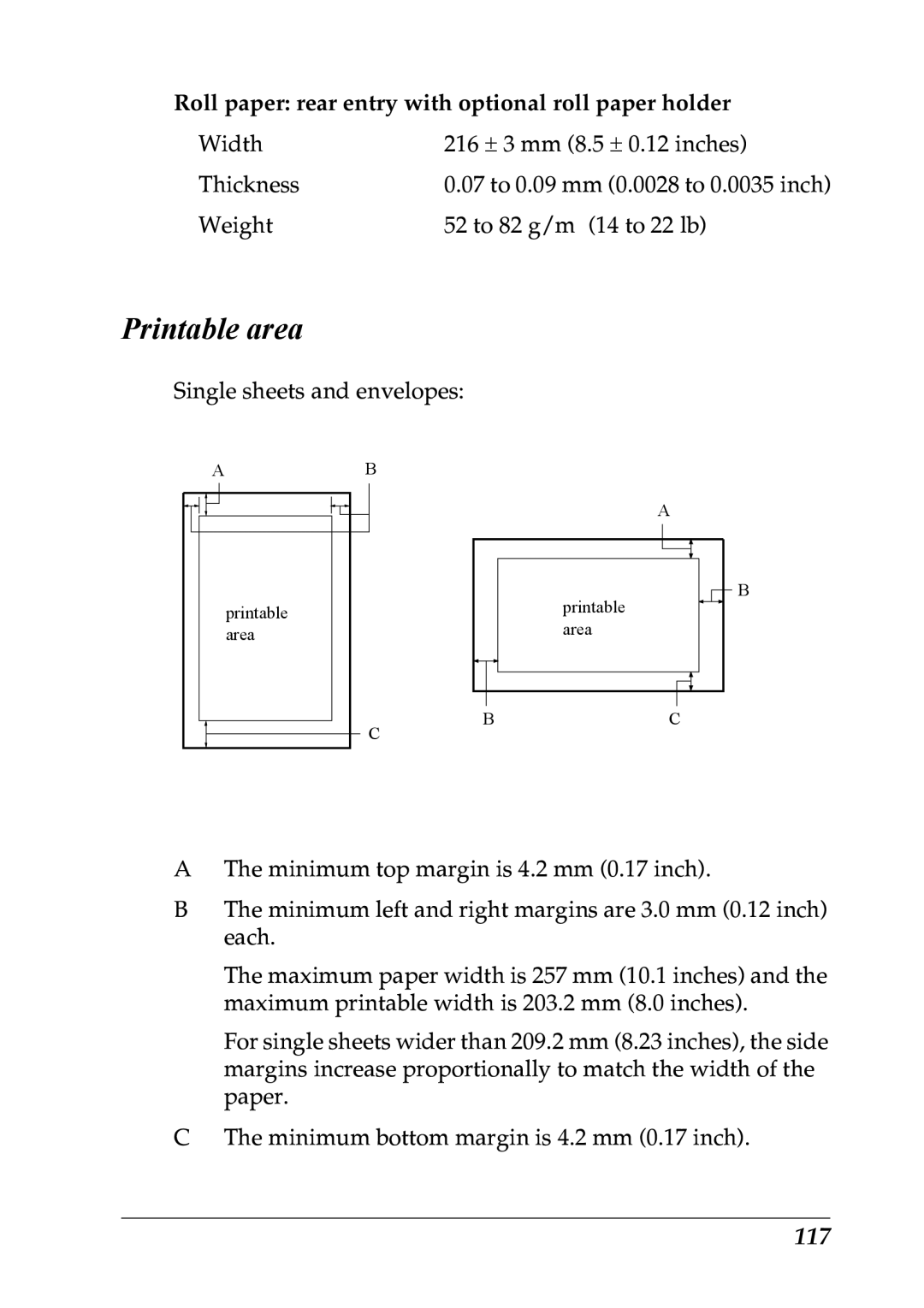 Epson LQ-300+ manual Printable area, 117 