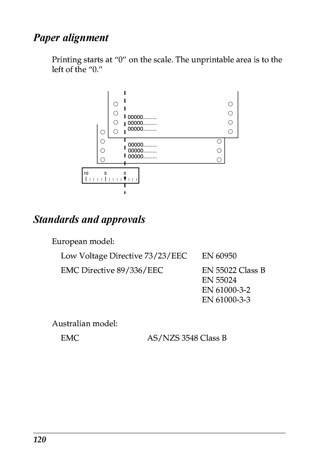 Epson LQ-300+ manual Paper alignment, Standards and approvals, 120 