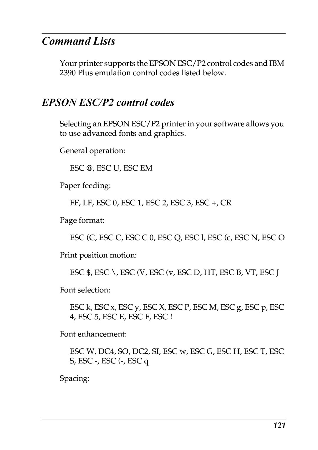 Epson LQ-300+ manual Command Lists, Epson ESC/P2 control codes, 121 